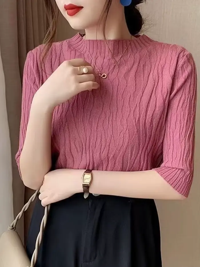 Pull uni à manches courtes pour femmes, pull côtelé, mode coréenne, vêtements féminins minces décont