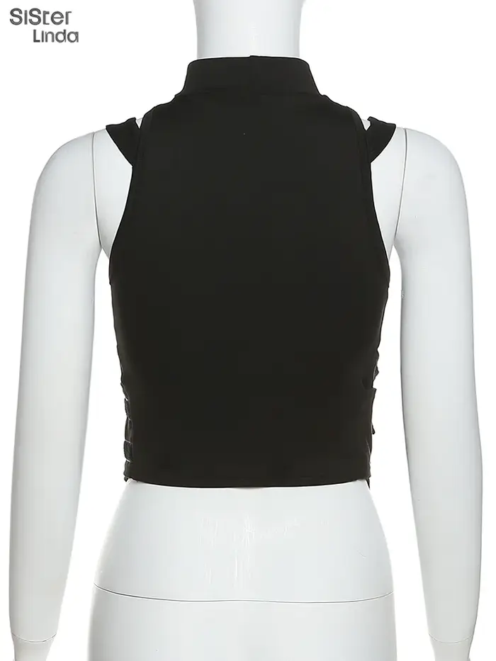 Sisterlinda-Haut moulant en maille avec fermeture éclair pour femme, ceinture multicouche, tendance 