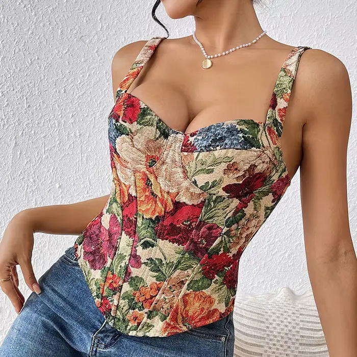 Dámske vyšívané kvetinový korzet, ročník, chudnutie francúzsky šál, sexy, bez rukávov, Fishbone, pás tréner, tvarovanie vesta, letné