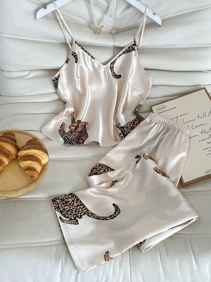 Ensemble pyjama imprimé léopard pour femme, haut simple à col en V avec pantalon à taille élastique,