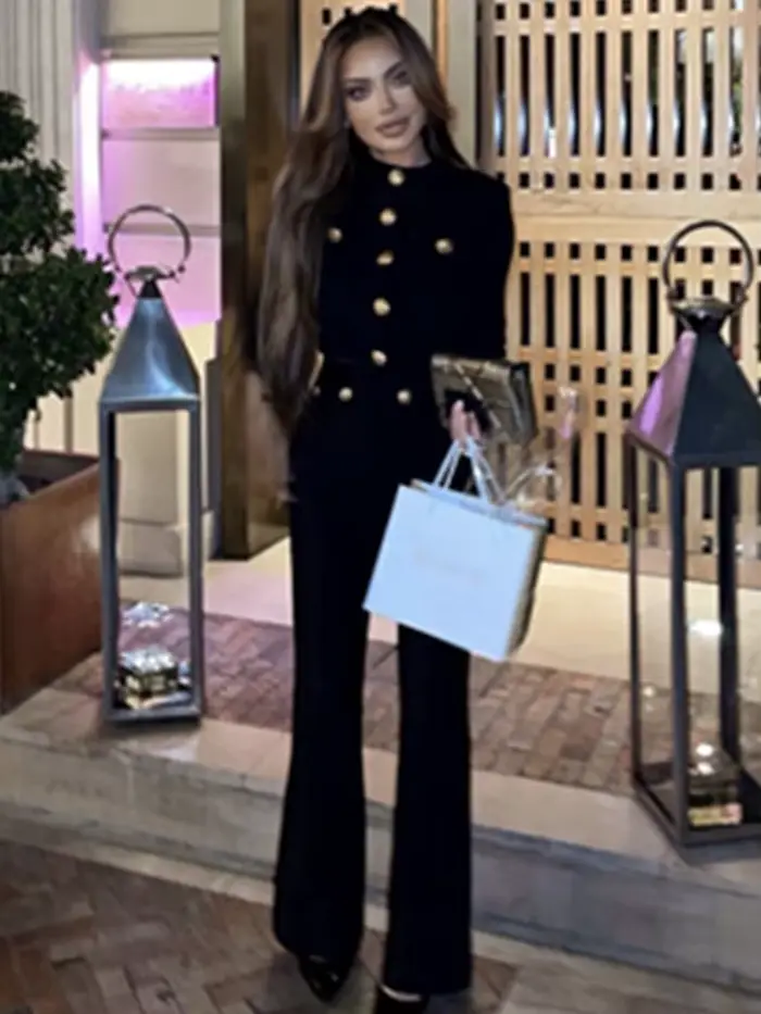 Nouveau Style d'automne couleur noire femmes à manches longues bouton rayonne Bandage manteau pantal