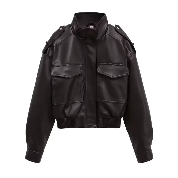 ETJ 2025 Nouvelle collection femme : veste courte moto col montant Y2K grande poche veste en simili 