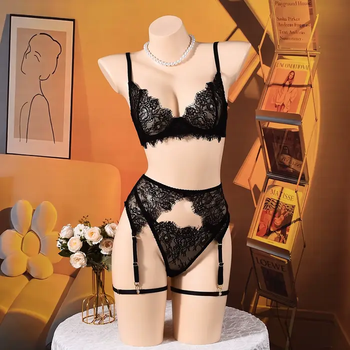 Ellolace spodná bielizeň Sexy a elegantné pevné, 3-dielna sada s podprsenkou, opaskom, tangá a podväzkami, spodná bielizeň zvodná čipka a roztomilý