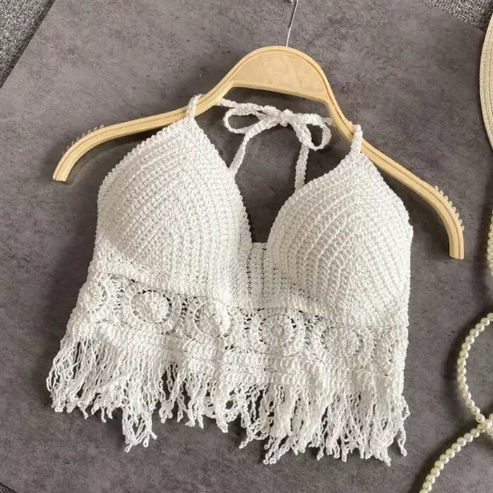 Sexy Boho plážové prázdniny Camisole lano ženy Háčkovaný pletený plavkový podprsenka holý chrbát vesta dutý strapček top