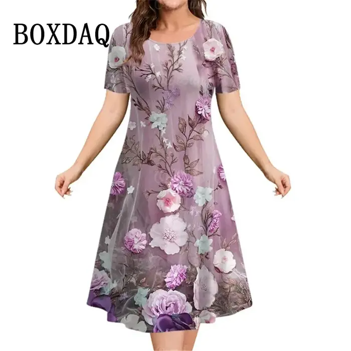 Robes vintage à imprimé floral 3D pour femmes, pull décontracté à manches courtes, robes grande tail
