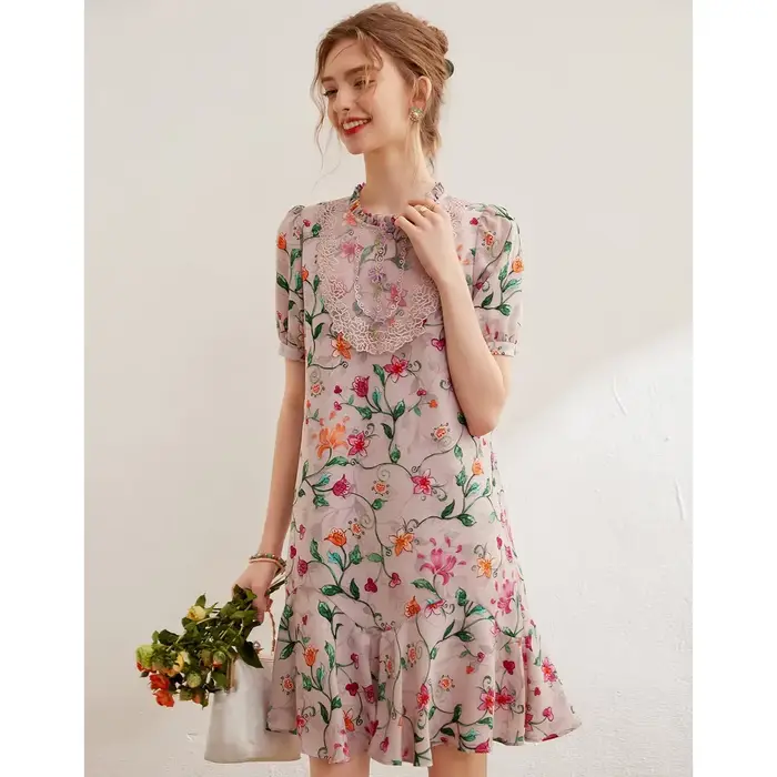 Modiis Yao-Robe florale brodée élégante, dentelle perlée, col rond, manches courtes, robe courte A-L