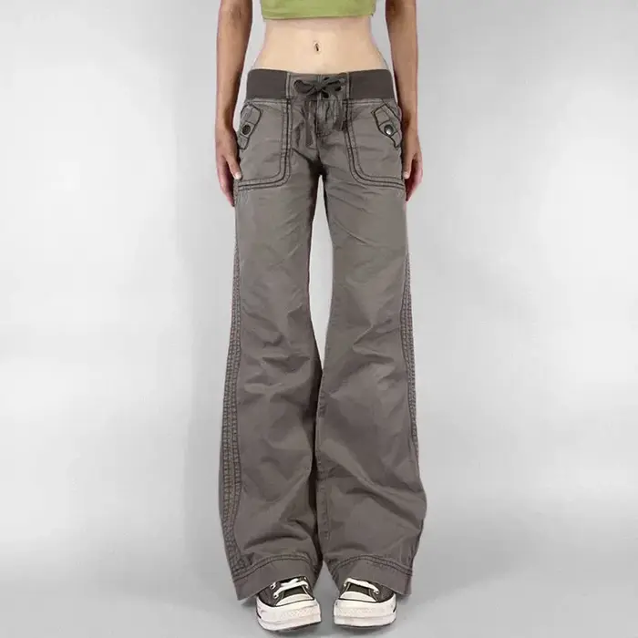 Pantalon rétro à lacets taille basse pour femme, streetwear, patchwork, décontracté, Harajuku, droit