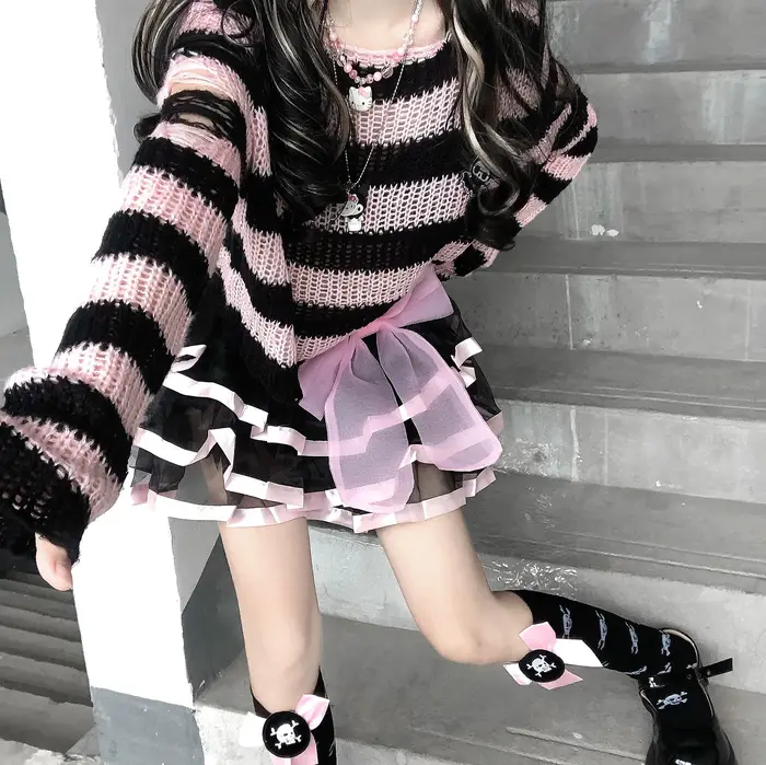Karrram rose rayé gothique chandails femmes déchiré trous lâche tricoté pull effiloché fée Grunge pu