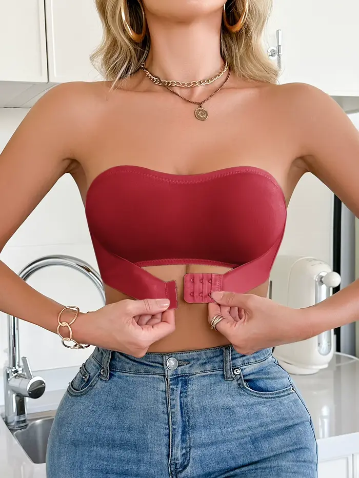 Podprsenka bez ramienok pre ženy, farba jednofarebný, bez výstuže, bralette s predným uzáverom, push-up, pohodlná, bez polstrovania