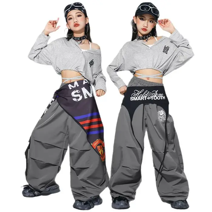 Crop top à lettres K-pop pour filles, pantalon cargo, streetwear pour enfants, costume de groupe de 