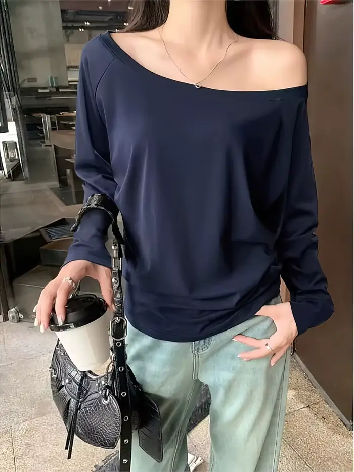 Hors de l'épaule à manches longues t-shirt femmes printemps automne lâche Sexy une épaule haut dame 