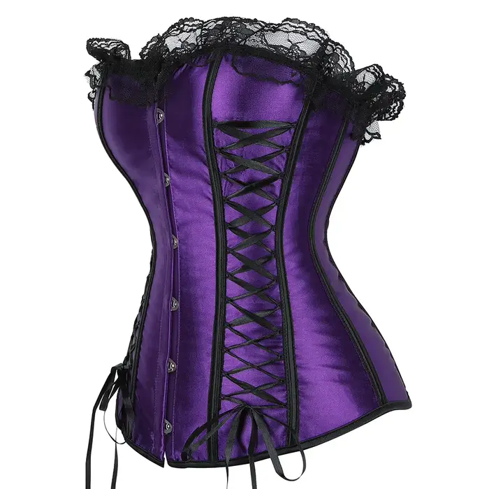 Vintage korzet pre ženy, Sexy Bustier, Overbust, fialová, s čipkami, gotický štýl, satén, pre špeciálne sviatky