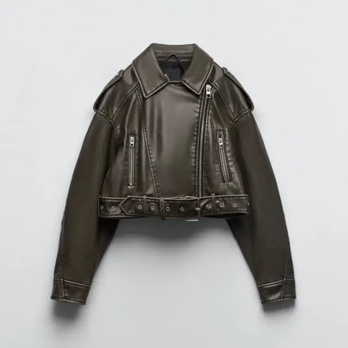 Dámska vintage voľne strihaná umelá kožená bunda krátka streetwear so zipsom a opaskom retro moto biker kabát