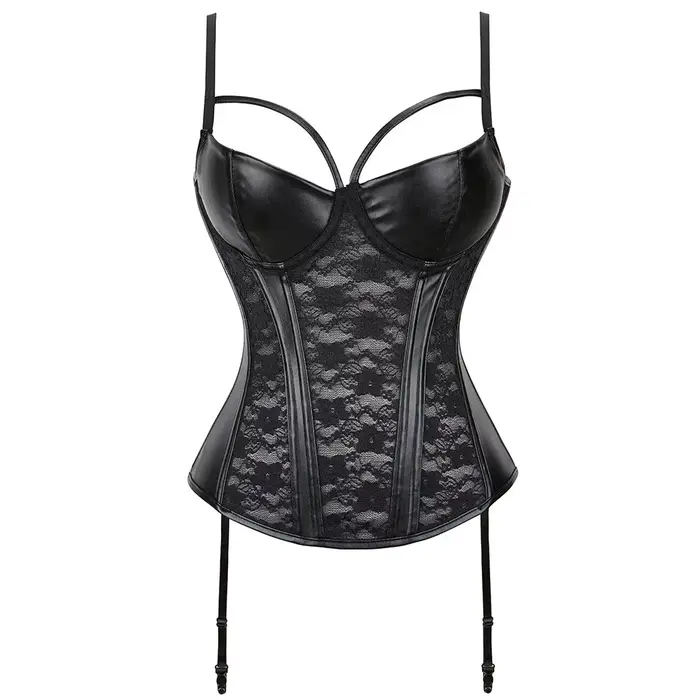 Corset en cuir et dentelle pour femme, haut rembourré, bretelles réglables, soutien-gorge de style p