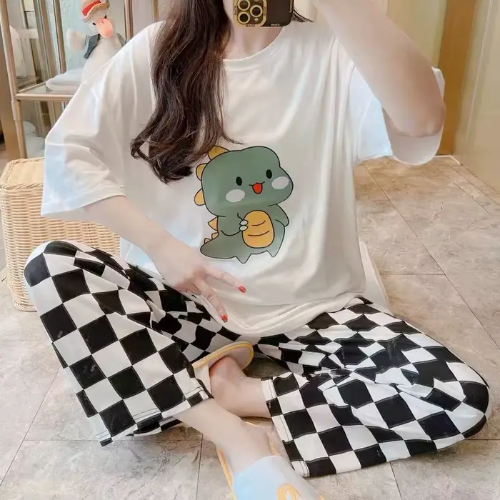 Ensemble pyjama pour femmes, manches courtes, pantalon Long, étudiant, deux pièces, col rond, pull, 