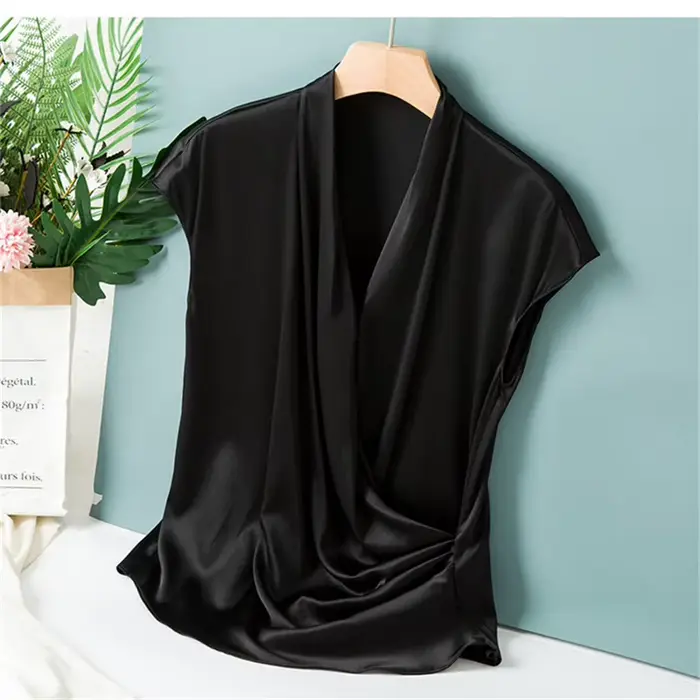 Chemisier Élégant en Satin pour Femme, Sexy, Col en V, Bureau, Chemises Décontractées, Couleur Unie,