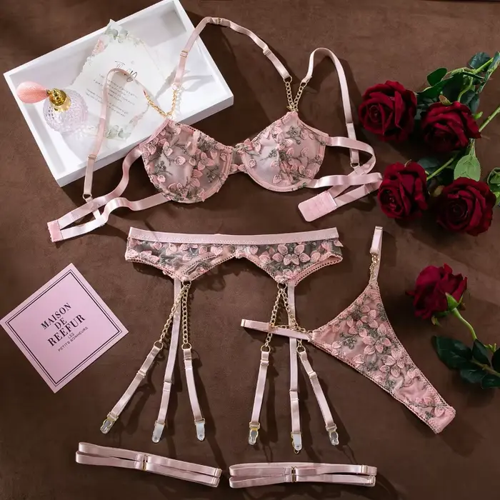 Dámska šnurovacia podprsenka a nohavičky, sexy spodná bielizeň set, kvetinová výšivka, degradované priehľadný spodné prádlo, Boho podprsenka a nohavičky set, intímne, 2 kusy