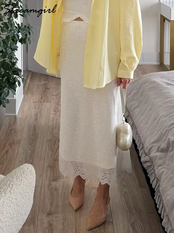 Biela čipka sukne Maxi Bodycon Dámska kancelária držal elegantné formálne sukne s čipkou Lady elastickým pásom čipka dlhé čierne sukne