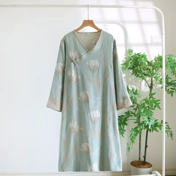 nočná košeľa v čistom bavlnenom farbenom vlákne Čínsky štýl pre ženy, relaxačné oblečenie v jemnej gáze, retro, s dlhými rukávmi, v-neck, voľné, jeseň