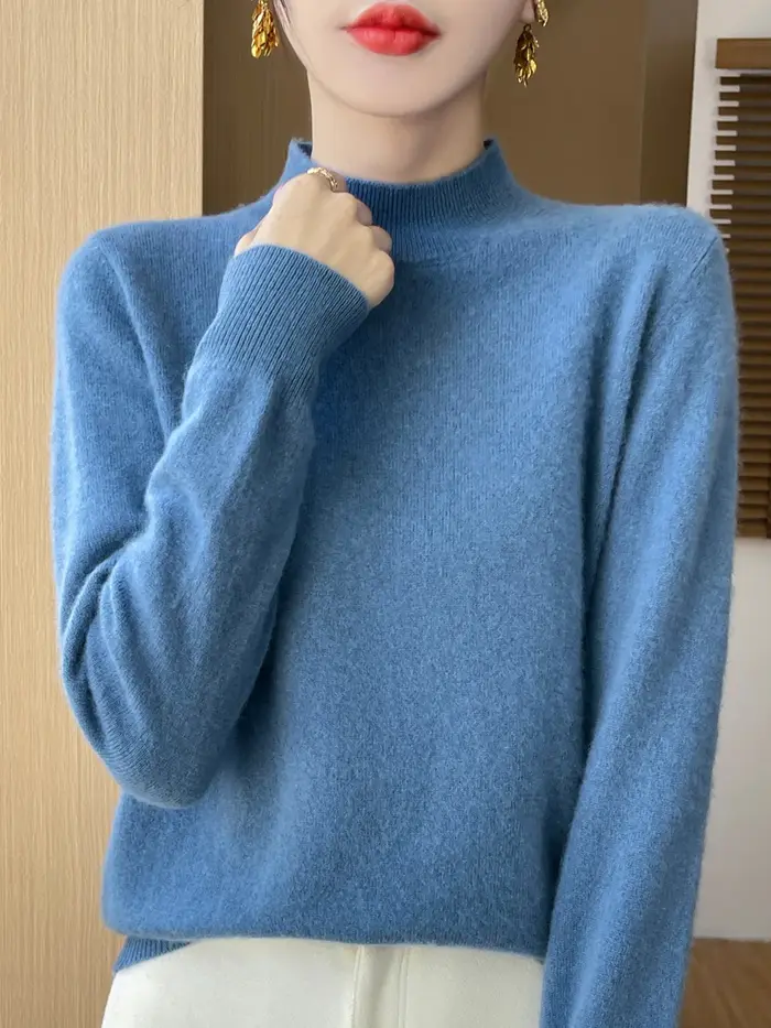 100% laine mérinos pull femmes col montant pull automne hiver basique doux chaud pulls à manches lon