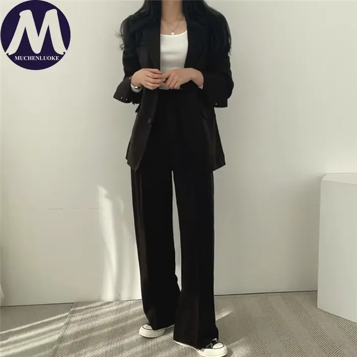 Ensemble deux pièces pour femmes, mode coréenne, blazer à manches longues et pantalon large, décontr