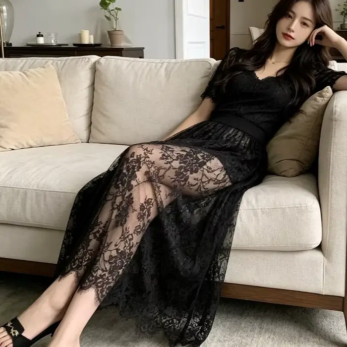 Čipka Jacquard priehľadná sukňa pre ženy leto nová vysoký pás Sexy dlhé sukne ležérne Streetwear móda čierna