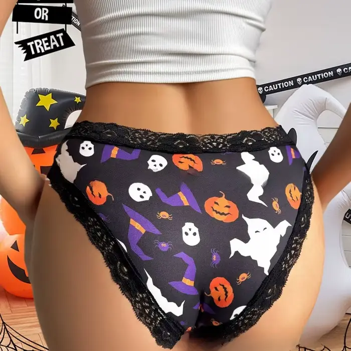 Culotte en nylon imprimée avec bordure en dentelle pour femmes, idéale pour Halloween et autres occasions spéciales