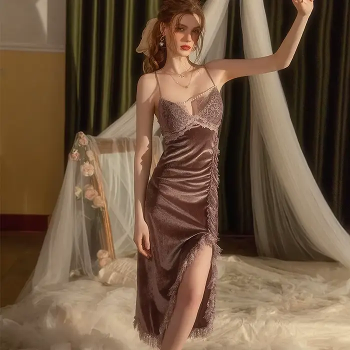 Sexy zamat Nočná košeľa Set, Svadobné šaty, Bez ramienok Nočná košeľa, Čipka Trim, zamat Župan, Domáce šaty, Obývacia izba Oblečenie, Jeseň, Zima