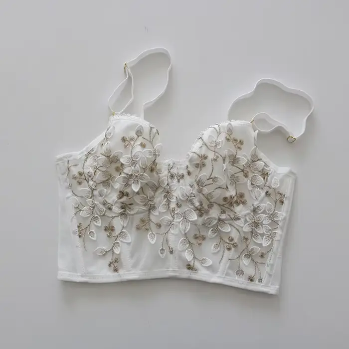Soutien-gorge brodé 3D sexy en dentelle, corset à baleines, avec fermeture élargie et armature en ac