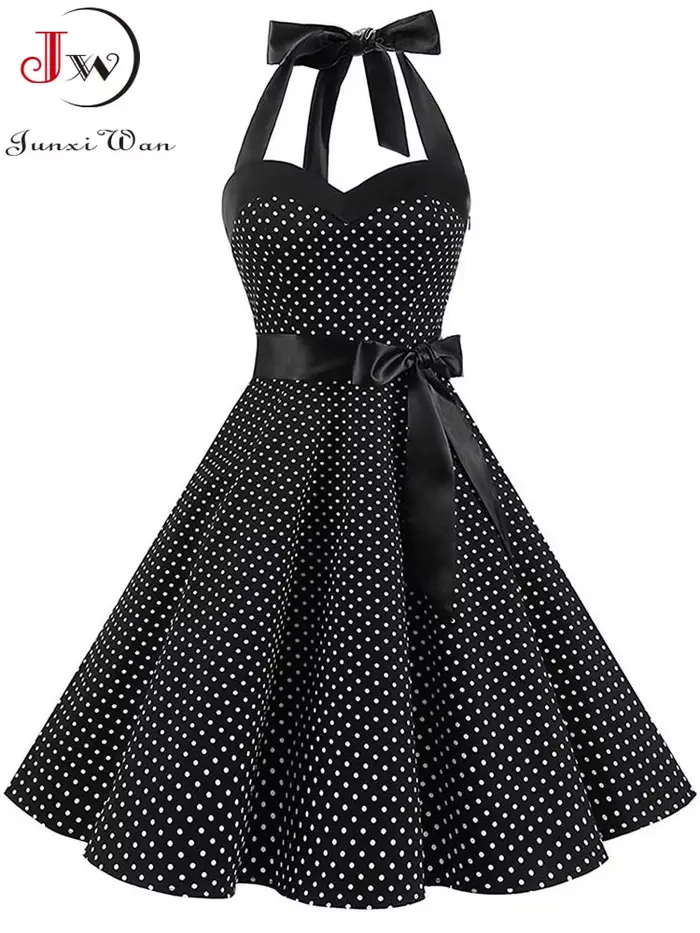 Femmes à pois imprimé Robe d'été Sexy rétro blanc licou Robe Vintage Robe Femme Pin Up Rockabilly Ro
