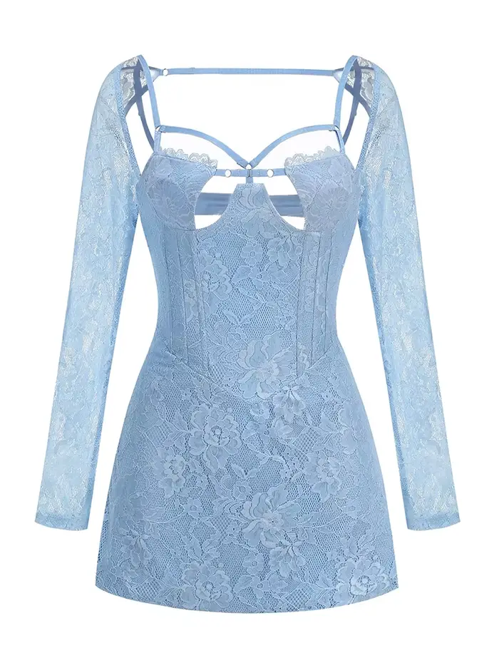 Mini robe dos nu à manches longues pour femmes, dentelle bleue découpée sexy, tambour lourd, robes c