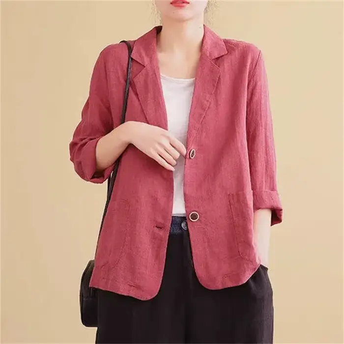 Costumes en coton et lin monochromes pour femmes, blazer fin à manches trois-quarts, veste de protec