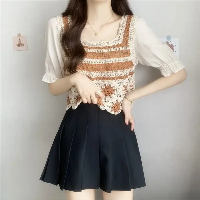 Chemisiers à manches courtes bouffantes pour femmes, tenue de loisirs assortie, en dentelle droite,