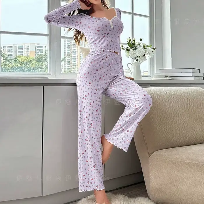Dámske pyžamový set, mäkké a pohodlné, kvetinová tlač, sexy, s dlhým rukávom Top a nohavice, Sleepwear, dvojdielna sada, domáce oblečenie