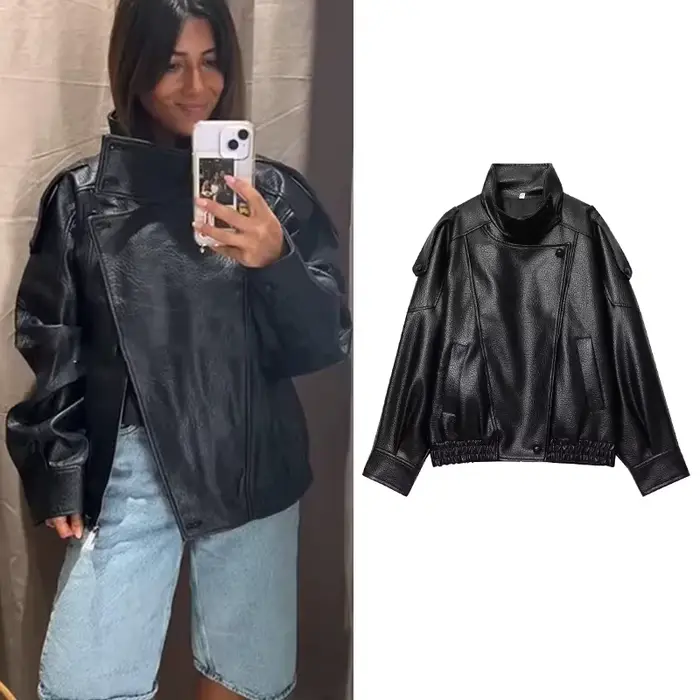 TFMLN – vestes Chic en Faux cuir noir pour femme, manteaux surdimensionnés élastiques à manches long