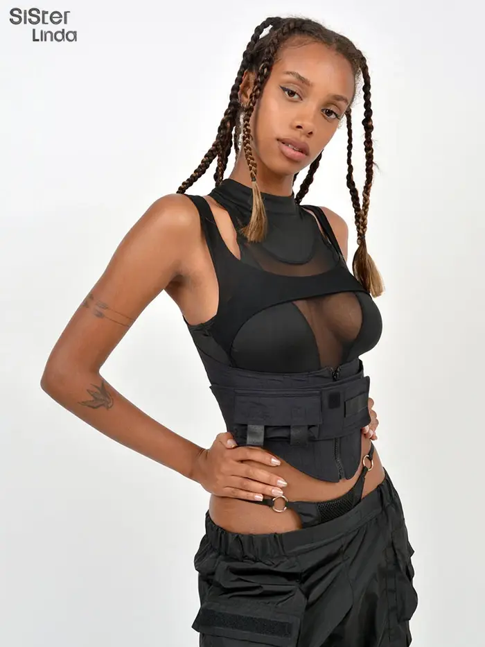 Sisterlinda-Haut moulant en maille avec fermeture éclair pour femme, ceinture multicouche, tendance 