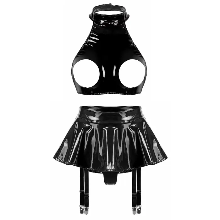 Ensemble de lingerie sexy pour femme en cuir verni effet mouillé, soutien-gorge sexy sans armatures 