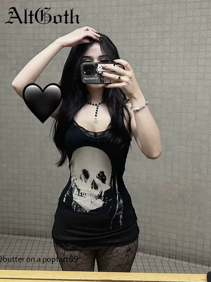 Cyber Punk gotické šaty pre ženy Streetwear Harajuku potlač lebky bez rukávov vysoký pás priliehavé