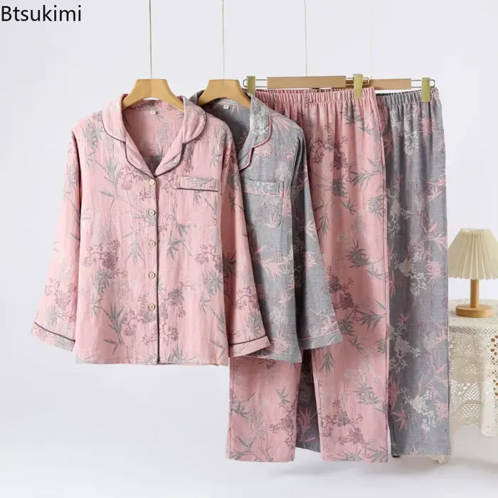 Btsukimi pyžamo Set pre ženy v čistej bavlne, retro dizajn, mäkká podšívka, veľkosť M L XL, farby ružová šedá, spánok a odpočinok príležitosti