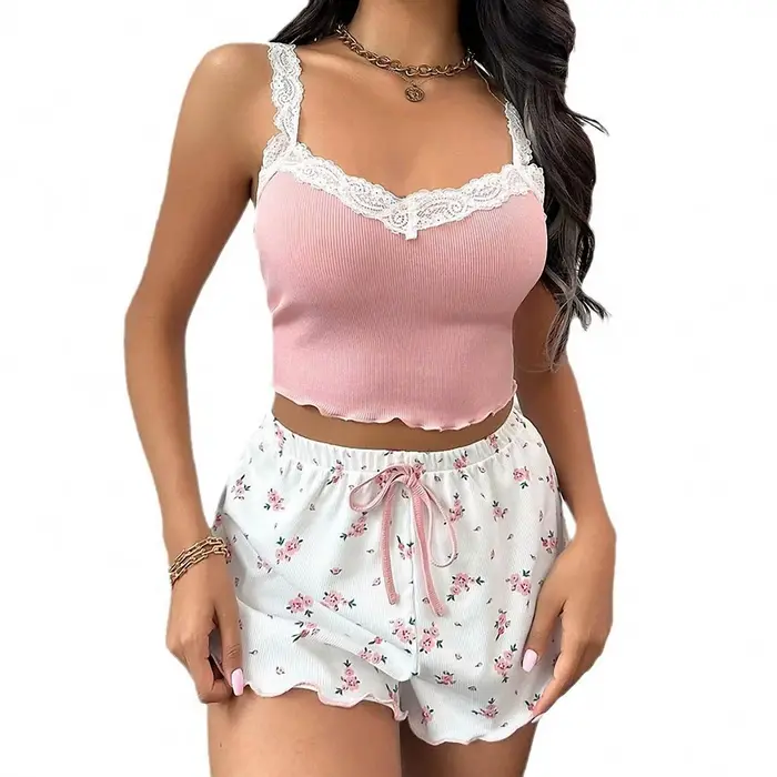 Pyjama femme patchwork sexy sans manches shorts col V pour automne confortable et élégant nuit