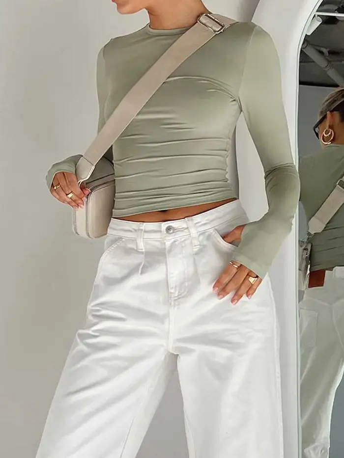 Mode femmes T-shirt à manches longues col rond solide coupe ajustée dames haut court avec trous pour