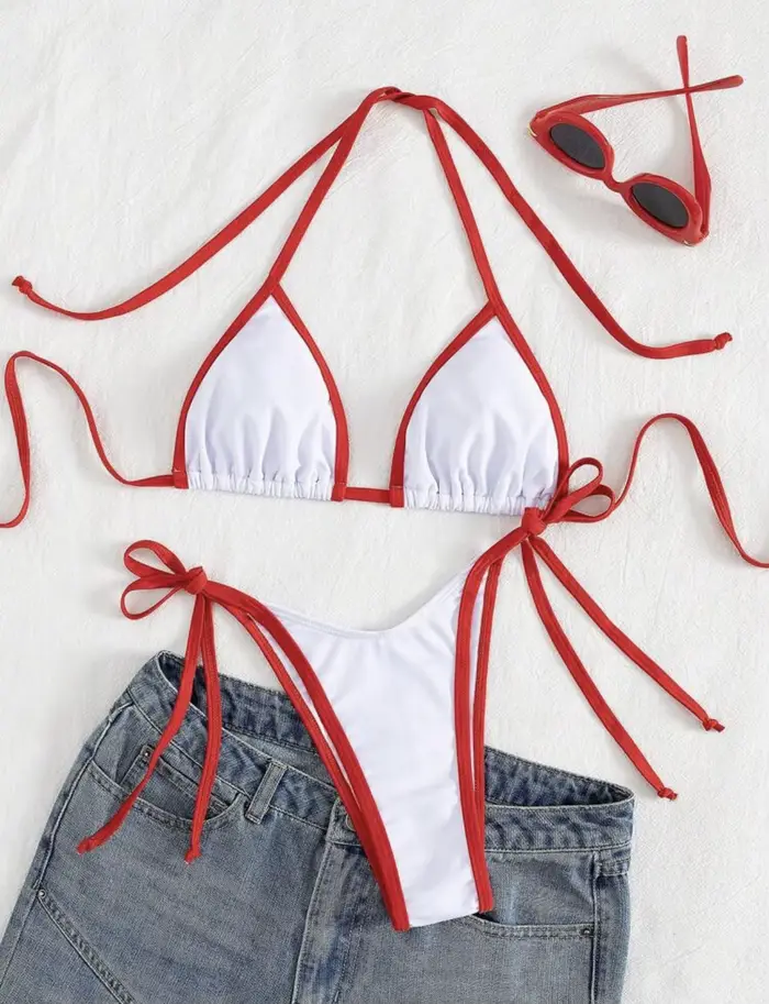 Sexy béžový kontrastný bikini set 2025 ženy lano push up podprsenka kravata bok tanga plavky leto