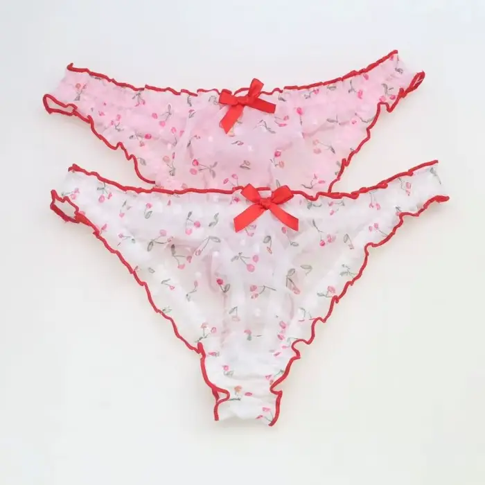 Sissy rose cerise mousseline de soie mignon string femmes taille moyenne nœud transparent érotique t-back culotte doux string à volants doux slips Lingerie