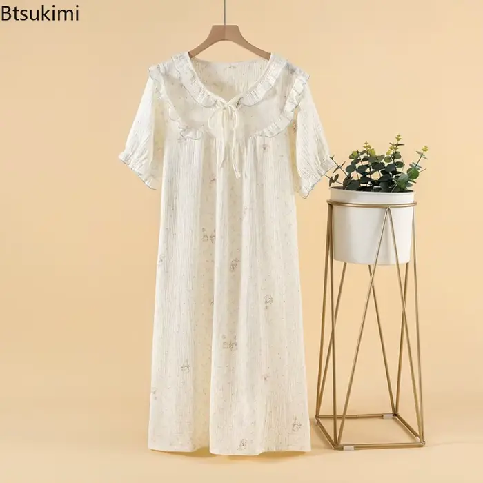 Bavlnené krepové tkaniny pre ženy, malé čerstvé kvetinové nočná košeľa, mäkký domov, krátke rukávy, šortky, okrúhly výstrih, voľné, voľný čas