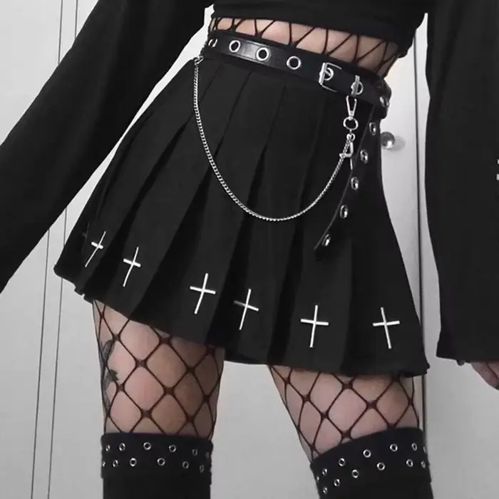 Mini jupes noires taille haute Punk plissée, Vintage, gothique, Streetwear, imprimé croisé, jupes pl