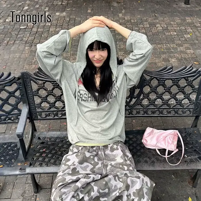 Tonngirls Y2k Vintage Tričko pre ženy ležérne voľné s grafickou potlačou kapucňa japonské 2000 roky Grunge