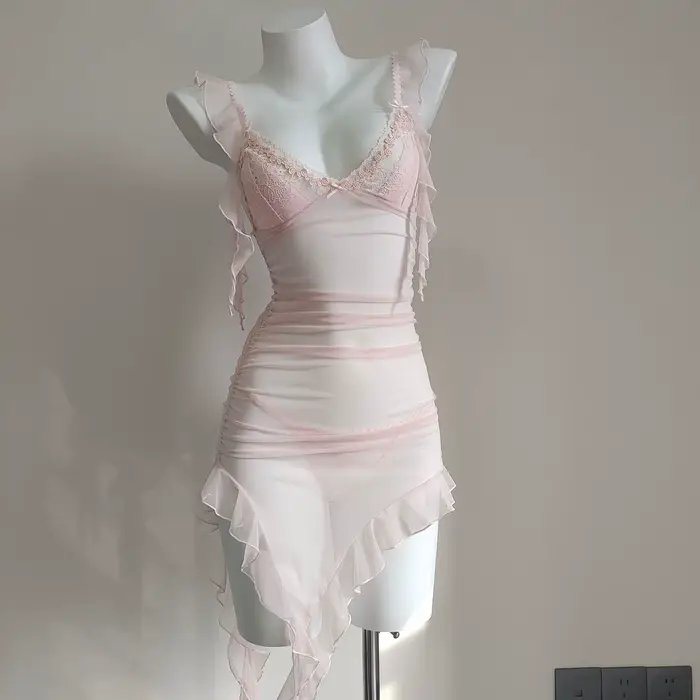 Robe de nuit à bretelles pour femmes, nouveau Design, plis irréguliers, maille fine transparente, co