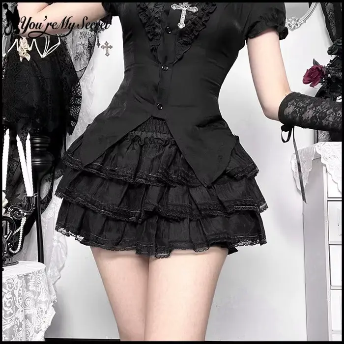 [You're My Secret] Mini-sukňa Čierna gotická sexy viacvrstvová skladaná čipka, štýl Lolita, dámsky outfit