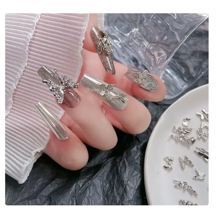 Breloques pour ongles rétro en alliage d'argent, 50 pièces, ruban de luxe, ailes de papillon Y2K, st