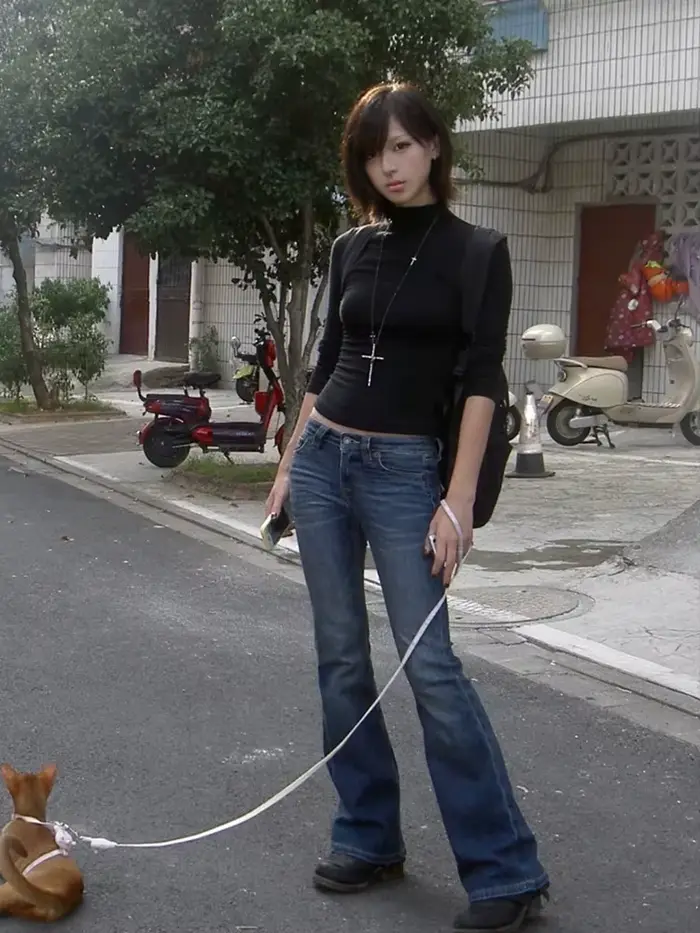 Tonngirls Y2k Japonské tričko pre ženy s dlhým rukávom čierny polovičný rolák